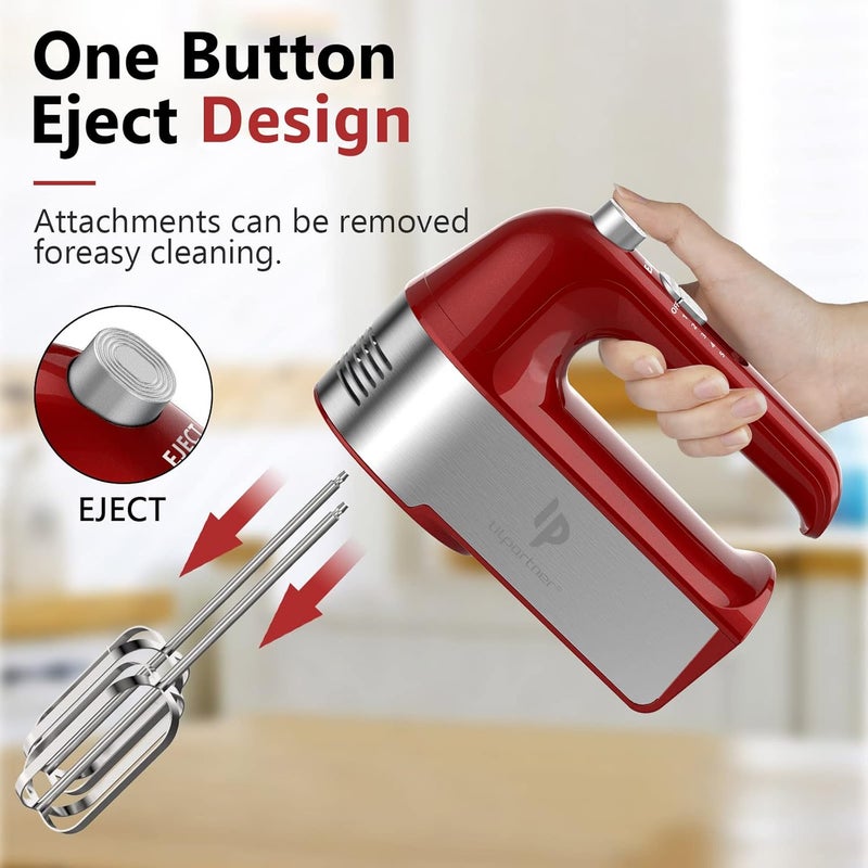 LILPARTNER Hand Mixer Electric, 450W Kitchen Mixers with Scale Cup Storage Case, Turbo Boost/Self-Control Speed + 5 Speed + Eject Button + 5 Stainless Steel Accessories, For Easy Whipping Dough, Cream, Red - Image 4